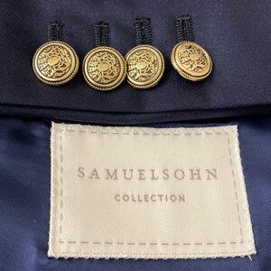 Samulesohn Sport Coat Men 40R Navy Blue Super 140s Wool Gold Button Surgeon Cuff